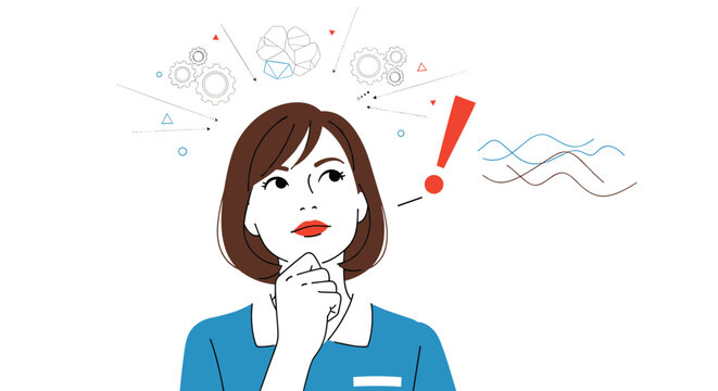 Young woman in a blue shirt thinking deeply with symbols for brain activity, mechanics, and ideas floating above her head.