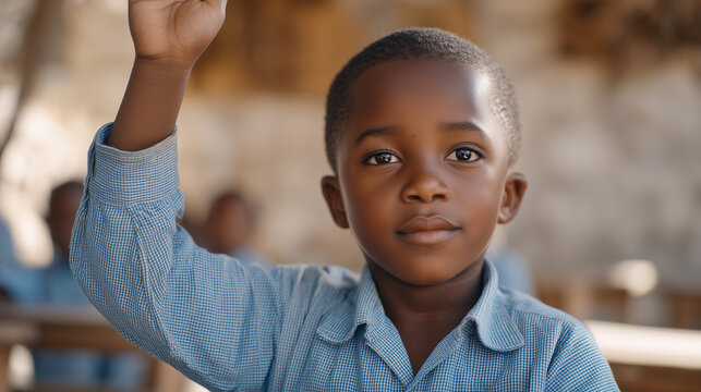 Haitian refugee boy in secondhand school uniform nervously raising hand in integrated classroom, teacher encouraging eye contact, English language learner, resettlement education access, cultural in