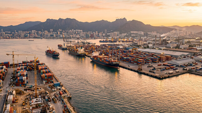Harbor container terminal at sunset with active loading operations and city skyline