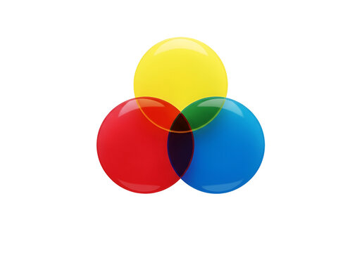 Three overlapping colorful spheres in red, green, and yellow isolated on transparent background