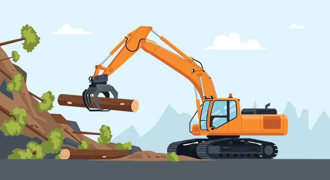 Heavy-duty orange log loader or excavator with a grapple attachment moving timber on a hillside at a logging site.
