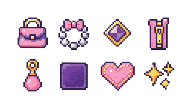 Cute pixel art icons featuring a handbag, necklace, gem, dress, perfume, square, heart, and stars
