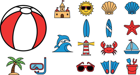 Collection of flat beach and summer vacation with bold outlines beach ball © GR Graphics