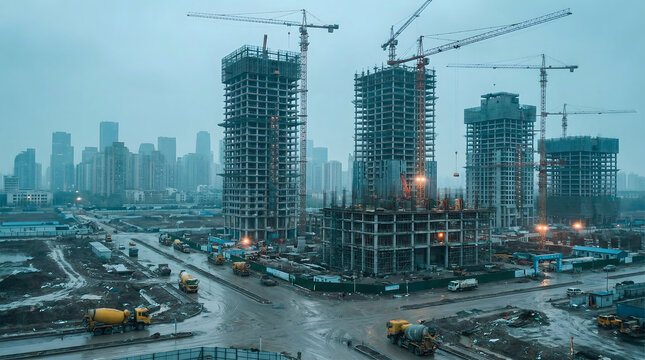 Urban construction site with multiple cranes operating on high-rise building frameworks under overcast rainy conditions