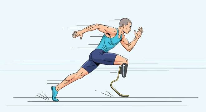 Determined paralympic athlete with prosthetic leg sprinting fast on running track with motion lines and blue background for sports theme.