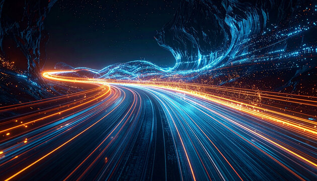 Journey into the Future: A captivating depiction of a futuristic highway, illuminated by streams of vibrant light, beckoning viewers towards an unknown destination. 