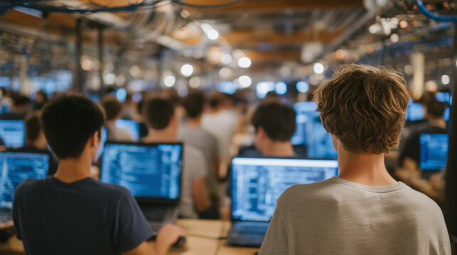 Crowded university server room filled with graduate students in blue light, dozens of workstations running large language model training pipelines, data cables overhead, academic AI research facilit
