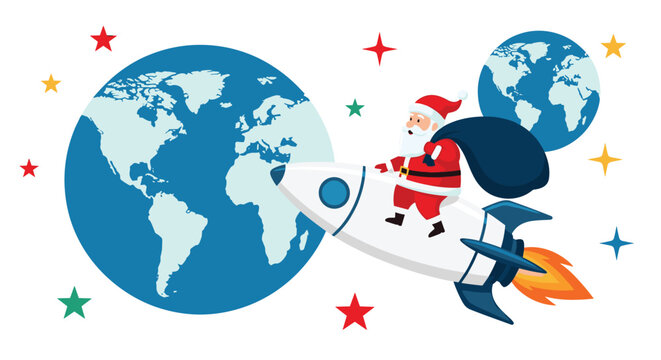 Santa Claus riding a white rocket through outer space past planet Earth and stars to deliver Christmas presents across the world.