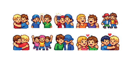 Fototapeta premium Pixel art characters showing friendship, hugs, and high fives in various poses