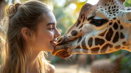A girl gently kisses a giraffe on the nose against a natural backdrop – perfect for advertising zoos or eco-tourism. © COK House
