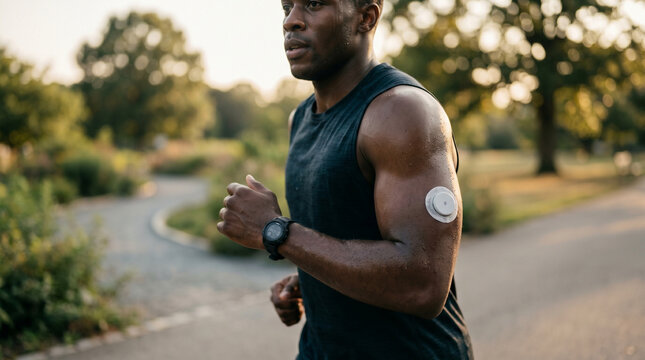 Wearable glucose patch closeup on dark skin forearm, water droplets from recent exercise, sweat-resistant adhesive sensor, athletic continuous glucose monitoring CGM sport performance diabetes endur