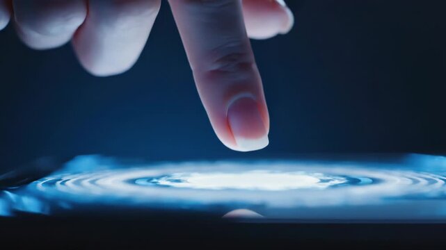 Close-up of Hand Finger Touching Digital Blue Screen Interface