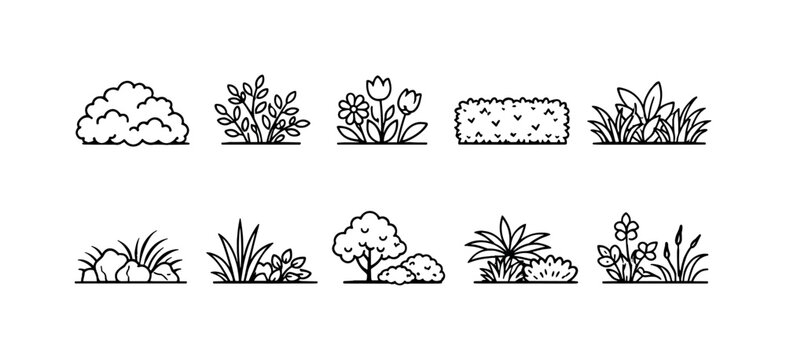 Collection of simple line art icons representing various plants and natural elements