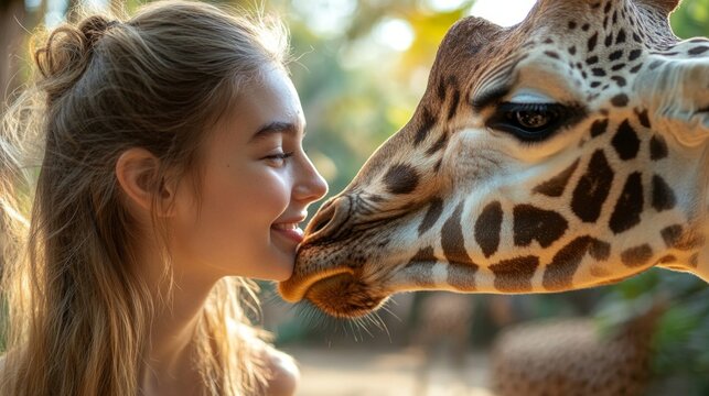 A girl gently kisses a giraffe on the nose against a natural backdrop &ndash; perfect for advertising zoos or eco-tourism.