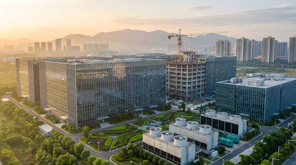 Obraz premium Modern industrial park complex with glass curtain walls and construction cranes at sunrise
