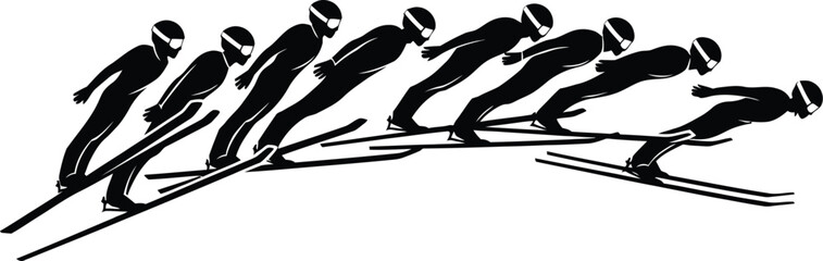 Ski jumping silhouette a line of athletes in mid air © ABU
