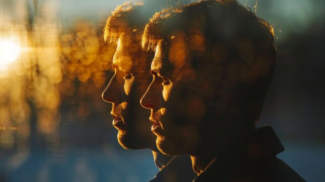 The profile of a man bathed in golden light, with a double-image effect, provides a philosophical backdrop for content on psychology, self-reflection or the inner world.
