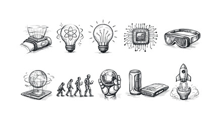 Fototapeta premium Collection of hand-drawn icons representing innovation, technology, and progress