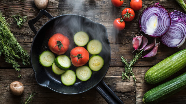 Fresh vegetables sizzling in a pan with steam rising, showcasing rustic kitchen charm.
