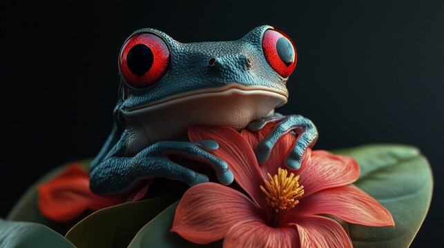 A bright frog with red eyes sitting on a flower &ndash; an exotic backdrop for articles about tropical nature.