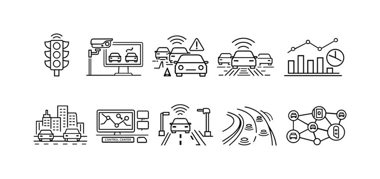 Smart city transportation icons depicting autonomous vehicles and traffic management systems