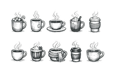 Obraz premium Collection of hand-drawn steaming hot beverages in various cups and mugs