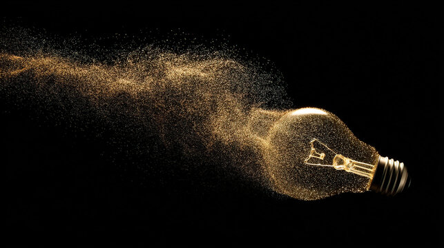 A glowing lightbulb suspended in darkness, surrounded by golden particles for an abstract effect.
