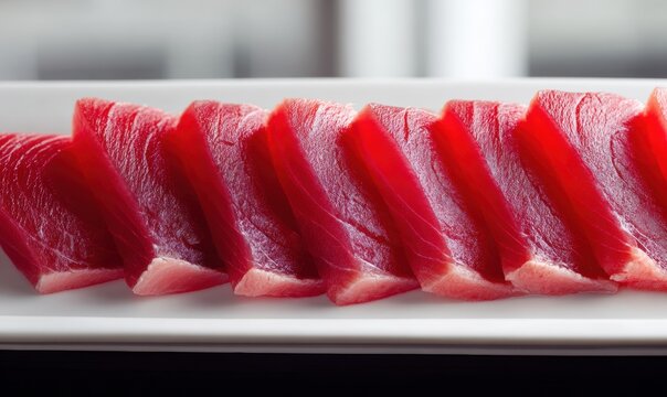 Delicate raw tuna slices presented neatly on white plate