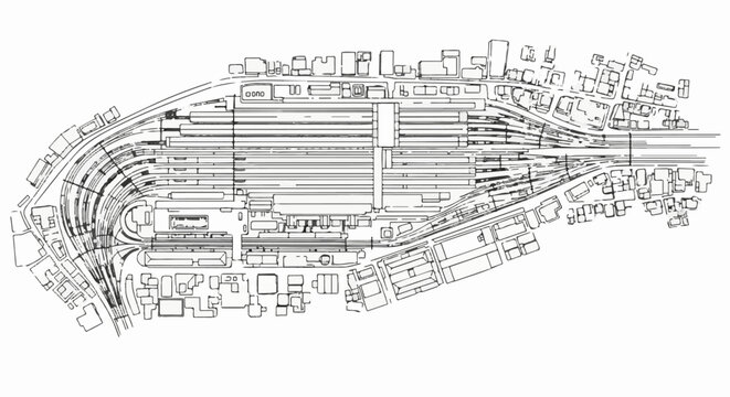 Stylized aerial view of a complex railway yard and surrounding urban infrastructure