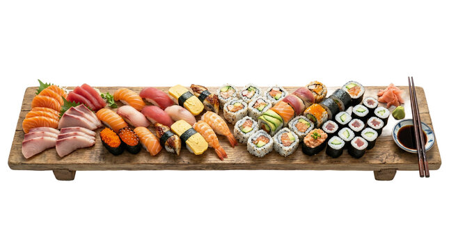 Large sushi and sashimi platter on wooden board, isolated on transparent background.