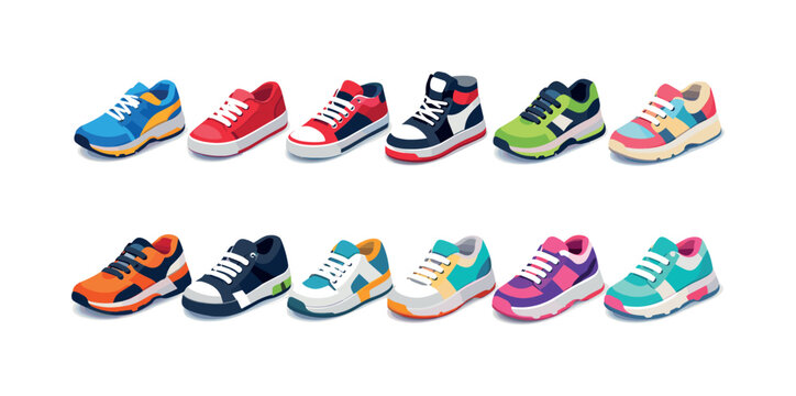 Collection of colorful athletic sneakers and casual shoes in isometric view