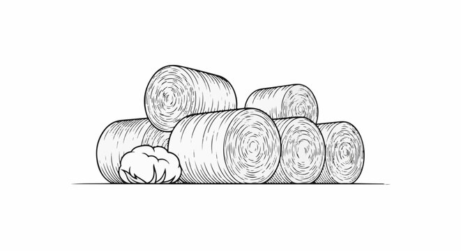 Stack of round hay bales and a fluffy cotton boll on a field line