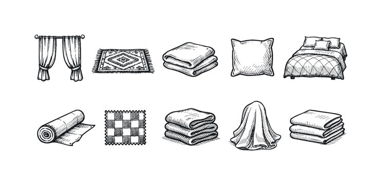 Collection of hand-drawn textile and bedding items for home decor and comfort