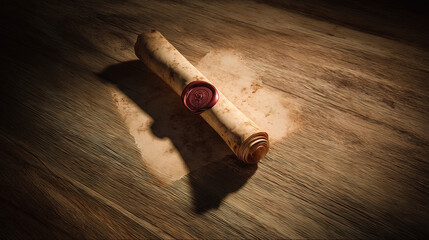 Fototapeta premium Ancient parchment scroll with wax seal, evoking historical documents on a rustic wooden surface. 