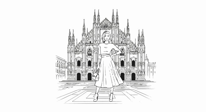 Sketch of a woman in fashionable attire poses in front of a grand Gothic cathedral