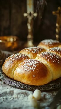 A tray of bread with powdered sugar on top. The bread is cut into six pieces. There is a knife on the table