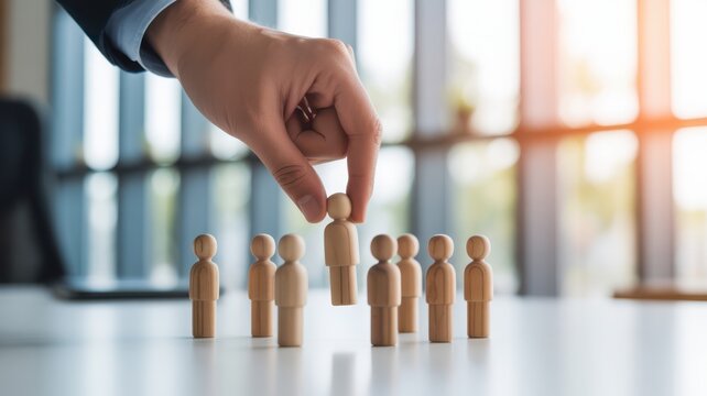 Hand picking a wooden figure from a group for recruitment and selection concept