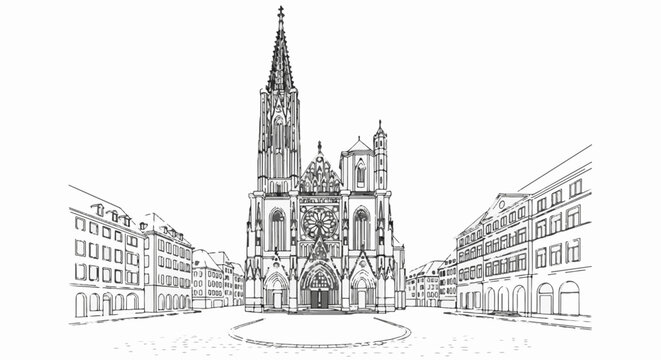 Sketch of a grand cathedral flanked by historic buildings on a cobblestone square