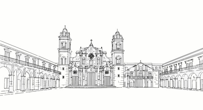 Sketch of a grand architectural complex with central building and flanking colonnades