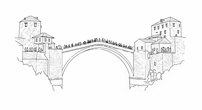 Sketch of a historic stone bridge with buildings and people