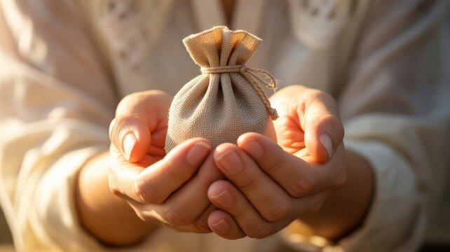 Close-up of hands holding a small burlap drawstring bag for savings or charity concepts