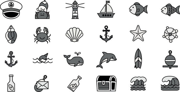 Nautical and marine captain hat, lighthouse, sailboat, fish, shell, crab, anchor, starfish, wheel