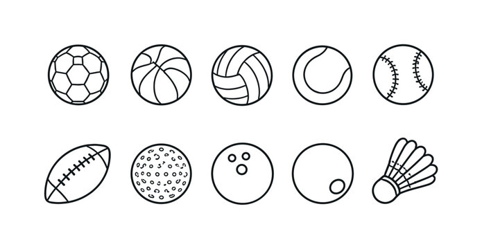 Collection of diverse sports balls and shuttlecock icons in a simple line art style