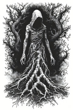 Spooky forest spirit with roots as body, hooded phantom in tattered robes, dark horror ink ar