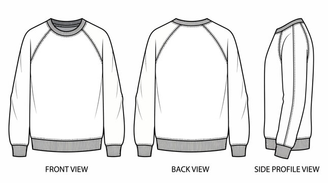 Technical flat sketch of a blank oversized raglan sweatshirt showing front, back and side views, providing a template for apparel manufacturing and illustrating design technical packs
