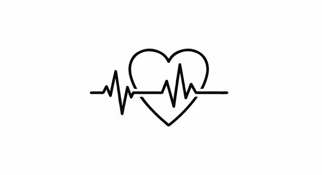 Simple black outline of a heart with a heartbeat line across