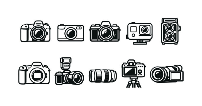Collection of diverse camera icons and photography equipment on a white background