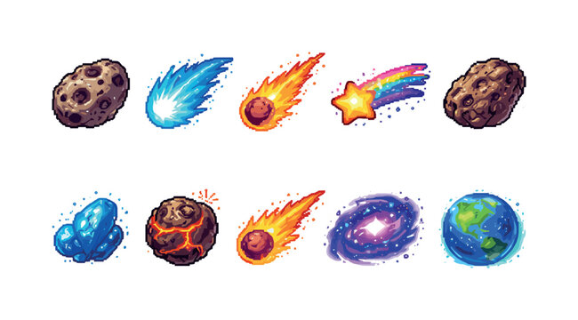 Pixel art collection of celestial bodies and space phenomena