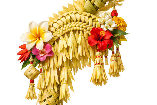 Traditional Balinese penjor detail with intricate palm leaf weaving, frangipani, and hibiscus flowers. Beautiful cultural symbol of Bali isolated on white background.