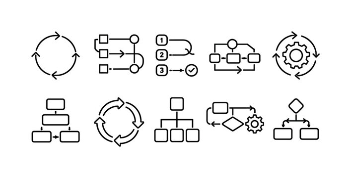 Collection of simple line icons representing various flowcharts and process diagrams